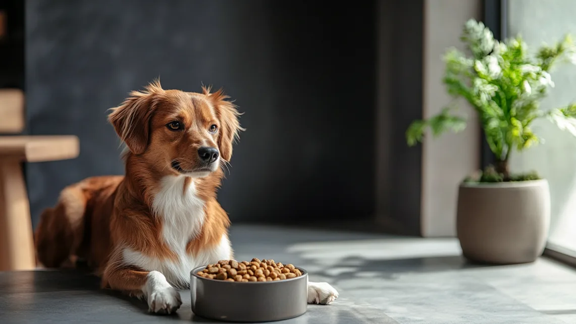 Hond naast een bak met brokken